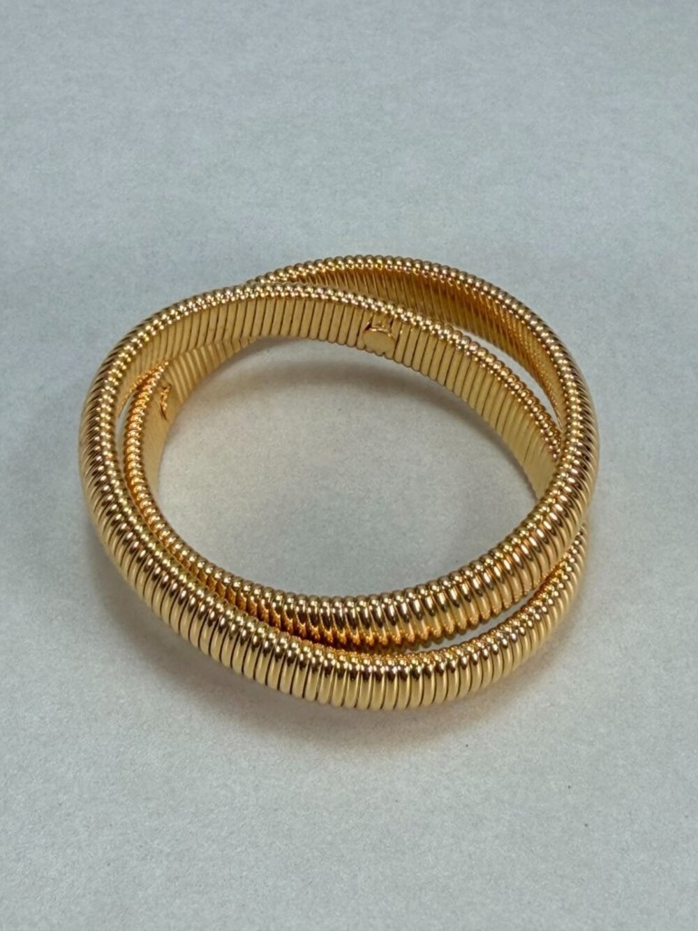 Vintage Gold Tone Double Coil Wrap Bracelet Ribbed Flexible Statement